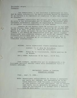 Invitación dirigida a medios de comunicación a una acción el 10 de septiembre de 1986
