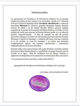Declaración pública de veredicto absolutorio de Benjamín Salazar Morales y Daniel Morales Muñoz