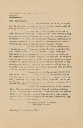 Carta del Movimiento Contra la Tortura Sebastian Acevedo a Magistrados de la Corte Suprema
