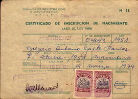 Certificado de nacimiento de Gregorio Gaete