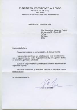 Carta a Magdalena de a Fundación Presidente Allende