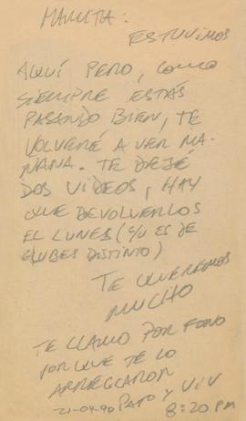 Nota de Patricio Reyes a su madre, Magdalena Navarrete