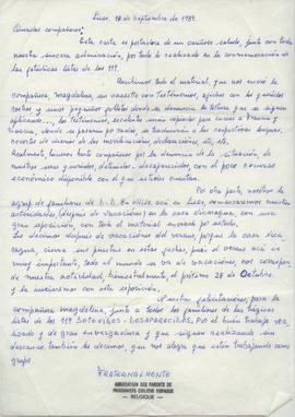 Carta para la AFDD de parte de la Association des parents de prisonniers chiliens disparus-Belgique
