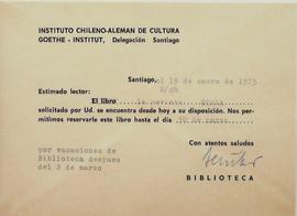 Comprobante de reserva de libro en el Instituto chileno alemán de cultura Goethe Institut de Serg...
