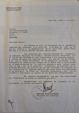 Carta del Ministerio del Interior a Pascualina Morales