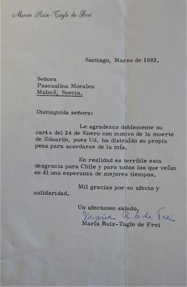 Carta de María Ruiz Tagle a Pascualina Morales por la muerte de Eduardo Frei Montalva