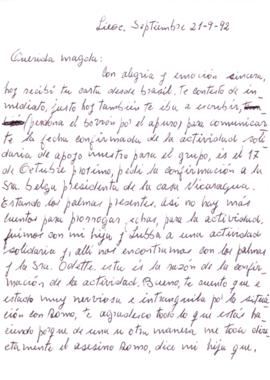Carta de Alicia Tapia a Magdalena, septiembre de 1992