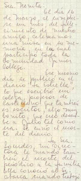 Carta de Mina a Magdalena Navarrete, sobre Julio Abarca Alarcón