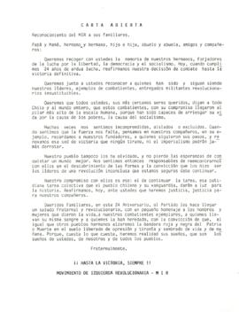 Carta abierta del MIR en reconocimiento a sus familiares