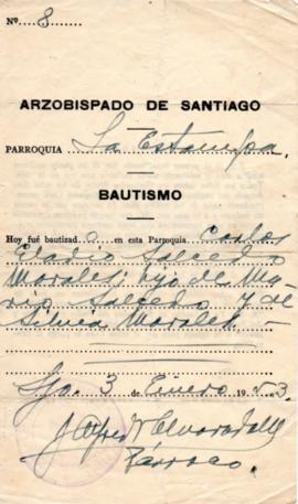 Certificado de bautizo de Carlos Salcedo Morales