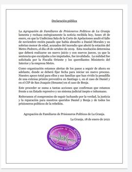 Declaración Pública Agrupación de Familiares de Prisioneros Políticos de La Granja Nº 3