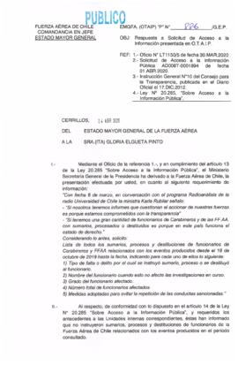 Respuesta de la Fuerza Aérea de Chile a solicitud de Londres 38 por listado de sumarios, procesos...